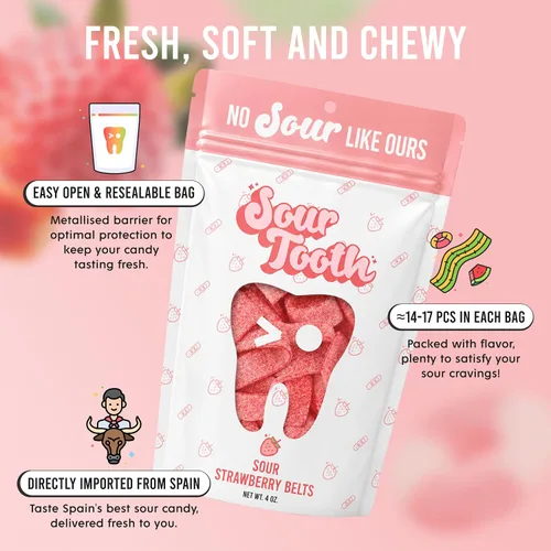 Vista 4 de Sour Tooth Cinturones de fresa, tiras de caramelo de gomitas ácidas masticables, paquete de 6, 4 onzas Soft & Chewy Strips, Sour Candy Bulk, Bulk