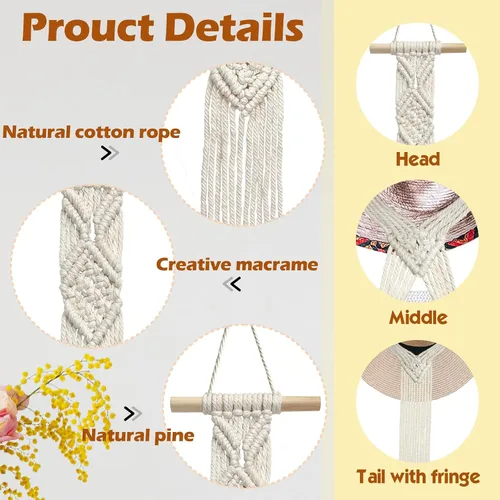 Vista 2 de Organizador de sombreros de macramé para pared, colgadores bohemios para colgar en la pared, tejido a mano, organizador decorativo para sombreros
