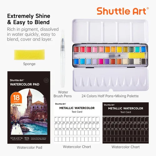 Vista 4 de Shuttle Art - Pinturas de acuarela metálicas, 24 colores de pintura de acuarela con purpurina en medias sartenes con pincel de agua, almohadilla