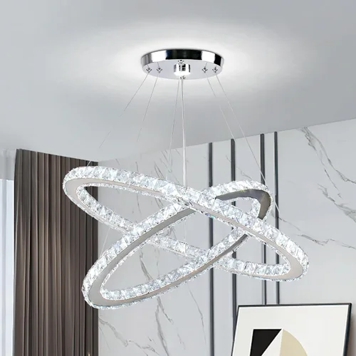 Vista 13 de Candelabro LED de cristal con iluminación regulable LED moderna lámpara de techo de 3 anillos ajustable de acero inoxidable para dormitorios y sala