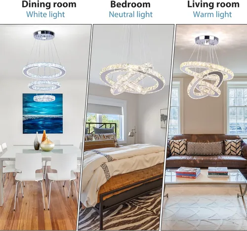 Vista 7 de Candelabro LED de cristal con iluminación regulable LED moderna lámpara de techo de 3 anillos ajustable de acero inoxidable para dormitorios y sala