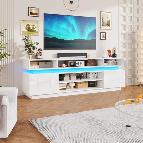Vista 11 de chartustriable Soporte de TV LED para TV de 80 pulgadas, centro de entretenimiento alto moderno con tomas de corriente, soporte de TV de alto