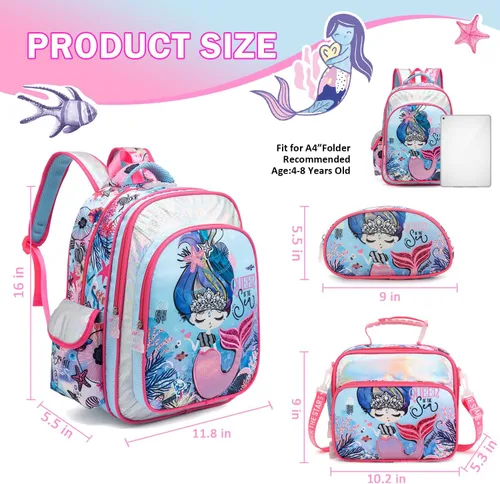 Vista 2 de Robhomily Mochila para niñas, mochila escolar para niñas, Conjuntos de sirena, Mochila escolar