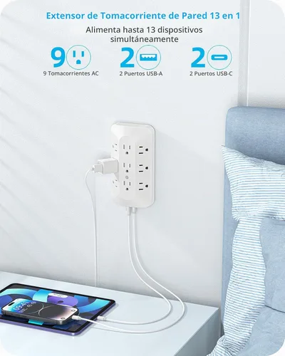 Vista 2 de Extensor de 9 salidas de CA, toma de pared de enchufe múltiple con USB C