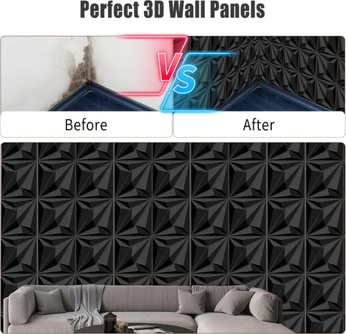 Vista 5 de Paneles decorativos de pared 3D, paquete de 33 azulejos texturizados de PVC de 12 x 12 pulgadas, color negro, cubre 33 pies cuadrados, arte de pared