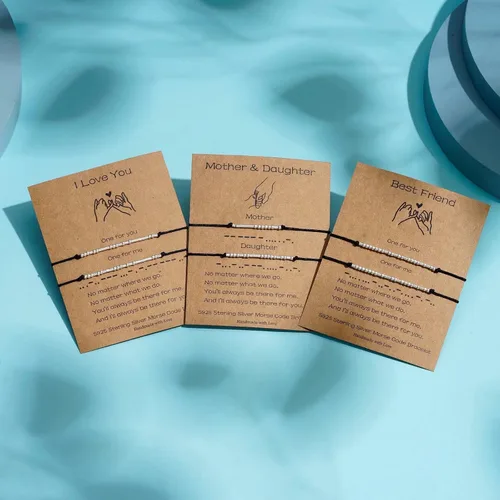 Vista 6 de Pulseras de plata de ley con código morse, regalos para mujeres, 2 piezas de promesa de meñique a juego, pulseras de amistad, divertidas e