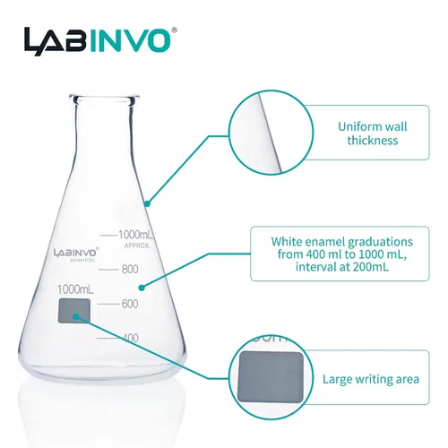 Vista 3 de Frasco Erlenmeyer de vidrio de 33.8 fl oz, frasco cónico graduado de boca estrecha con punto de marcado, juego de 3 frasco de vidrio de borosilicato