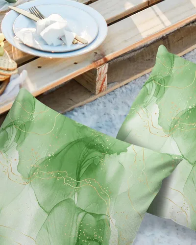 Vista 2 de Juego de 2 fundas de almohada impermeables con textura de mármol verde hierba, línea dorada, superposición, degradado, fundas de almohada para sofá