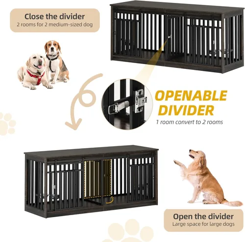 Vista 6 de DWVO Mueble doble para perros de 71 pulgadas para 2 perros medianos, soporte de TV de madera resistente con puertas correderas, mesa decorativa