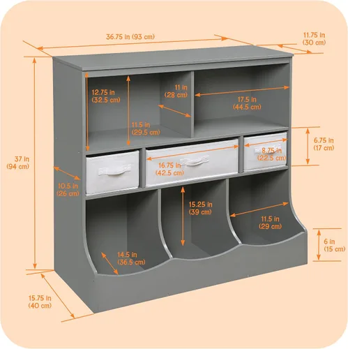 Vista 4 de Badger Basket Combo Bin Unidad de almacenamiento de juguetes y estante para libros para niños con 3 cestas - Gris