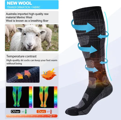 Vista 2 de Calcetines de esquí de lana merina térmicos hasta la rodilla para invierno, deportes de nieve y caza para hombre y mujer