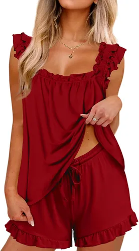 Vista 17 de Ekouaer Conjunto de pijama para mujer, conjunto de 2 piezas con volantes, camiseta sin mangas suave y pantalones cortos, conjunto de pijama de novia