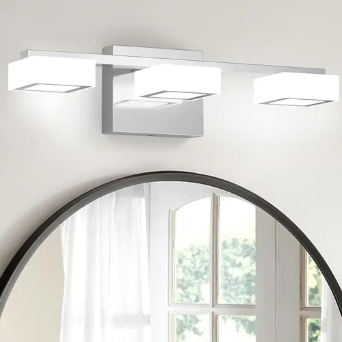 Vista 9 de Moderna lámpara LED de baño sobre el espejo, 3 luces regulables de tocador, lámpara de tocador de baño de acrílico cromado, ajustable de 2700 K-6500