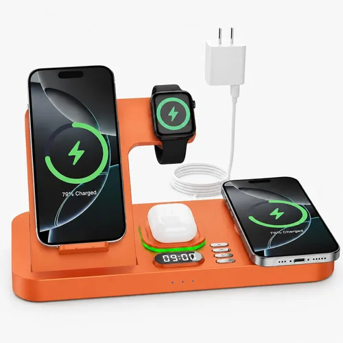 Vista 10 de Estación de carga inalámbrica de teléfono doble para dispositivos Apple, estación de carga magnética para iPhone con interruptor automático de luz