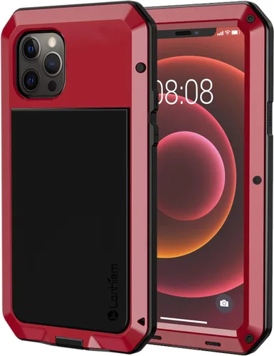 Vista 10 de Lanhiem Funda de metal para iPhone 12 Pro Max, resistente a los golpes, con protector de pantalla de vidrio integrado, cubierta protectora de cuerpo