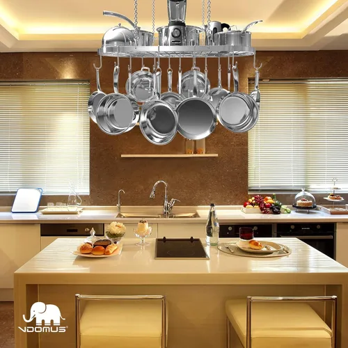 Vista 5 de Vdomus Estante Colgante para Ollas - Organizador de Cocina de Montaje en Techo para Ollas y Sartenes con 15 Ganchos - 33 x 17 Pulgadas Resistente