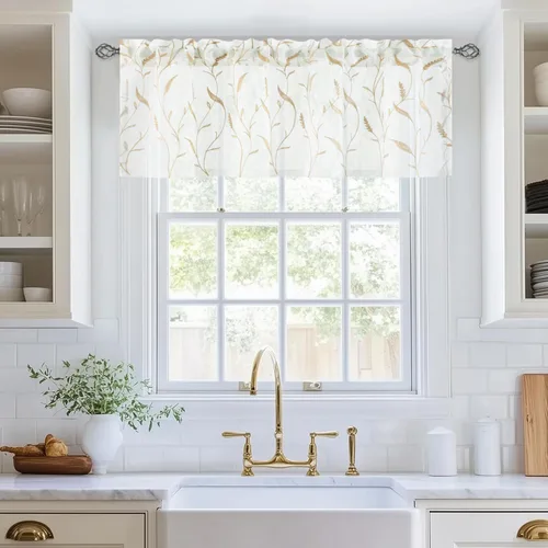 Vista 11 de VOGOL Juego de cortinas transparentes bordadas y cenefas para sala de estar, con bolsillo para barra blanca, par de cortinas traslúcidas