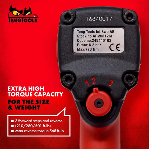 Vista 3 de Teng Tools ARWM12M - Pistola de llave de impacto neumática compacta reversible de 1/2 pulgada de alto par