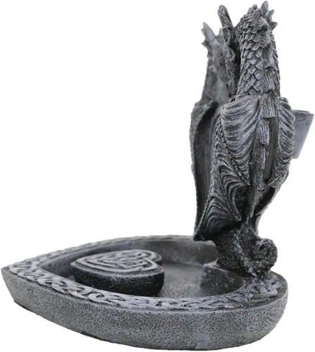 Vista 4 de Ebros Gift Guardian of Faux Stone Celtic Heart Tomb Altar Romántico Doble Dragón Cono de reflujo Incienso en cascada Humo Piscina Cascada Quemador