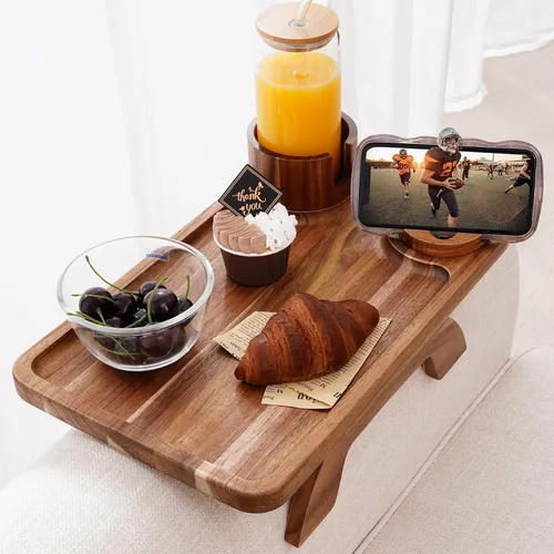 Vista 9 de Nnewvante Mesa de Brazo de Sofá con Tabla de Quesos, 4 en 1 Grande 15.7"x9.85" Madera de Acacia Bandeja con Clip para Brazo de Sofá con 360°