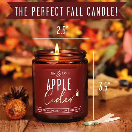 Vista 6 de Vela de sidra de manzana, velas de otoño I de sidra de manzana, canela y nuez moscada, infundida con aceites esenciales, vela perfumada de otoño