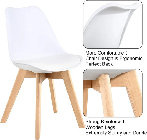 Vista 7 de LSSBOUGHT Sillas de comedor de estilo moderno, silla de plástico Shell Lounge con asiento acolchado suave y patas de madera maciza, juego de 4 Blanco
