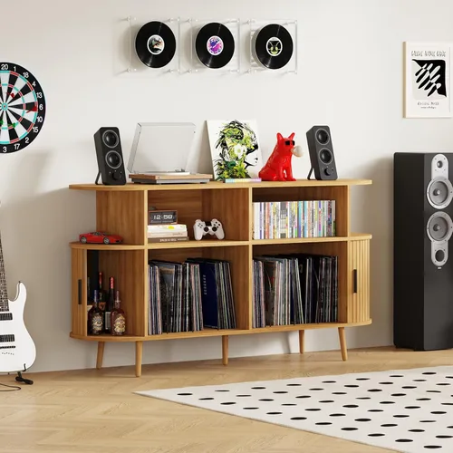 Vista 6 de Mid-Century - Moderno soporte para tocadiscos con carga USB y luces LED, gabinete de almacenamiento de vinilo estriado, capacidad para más de 300