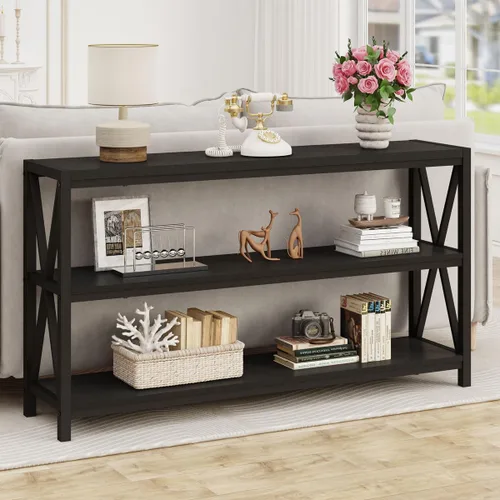 Vista 7 de Mesa consola para entrada, mesa de sofá larga con estantes debajo de la ventana, mesas de pasillo de madera y metal para vestíbulo