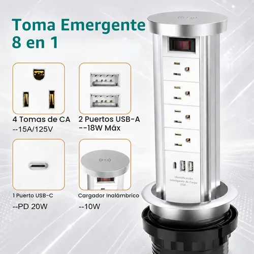 Vista 4 de Toma de corriente desplegable para encimera con PD de 20 W USB-C, toma de escritorio empotrada con cargador inalámbrico de 10 W, 4 salidas de CA, 3