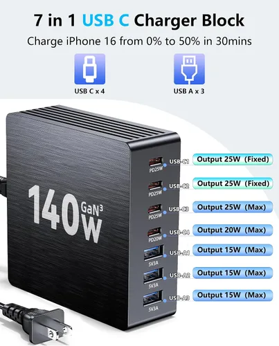 Vista 8 de Estación de carga USB C, estación de carga rápida GaN III de 7 puertos de 140 W, estación de carga USB PD 3.0 para múltiples dispositivos, estación