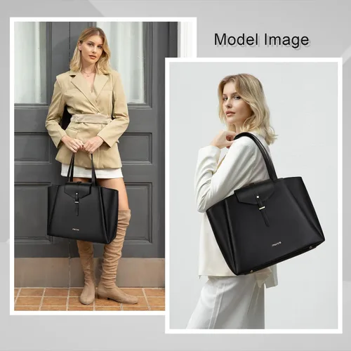 Vista 2 de MOSISO Bolsa de mano para laptop para mujer, 15.6 pulgadas, piel sintética, bolsa de trabajo para laptop con hebilla de solapa y bolso de mano, Negro
