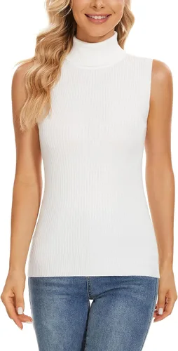Vista 4 de Biffxeu Cuello alto sin mangas para mujer, chaleco ligero de punto sin mangas, cuello alto elástico