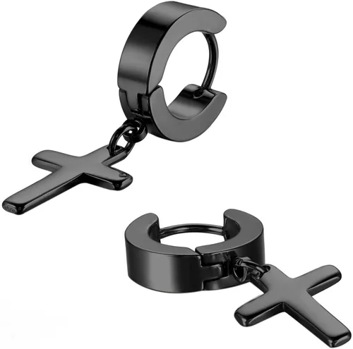 Vista 2 de Juego de aretes de cruz de acero inoxidable para hombres y mujeres, aretes colgantes con bisagras para hombres y mujeres, plata, oro, negro