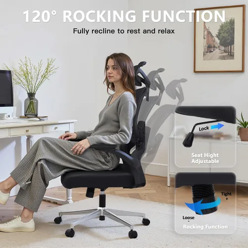 Vista 5 de HYLONE Silla de oficina ergonómica con asiento y respaldo de malla completa, silla de escritorio de malla con respaldo alto con base de aluminio