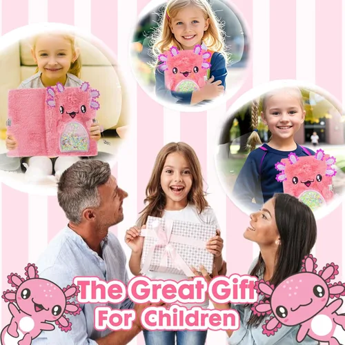 Vista 6 de Diario de ajolote para niñas con cerradura, juguetes de ajolote de felpa, regalo para niñas adolescentes, cuaderno de escritura para niños, regalos