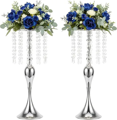 Vista 12 de Centros de mesa de boda para mesas, 21.3 pulgadas, 2 jarrones de metal dorado con cristal Soporte de flores para centros de mesa de boda