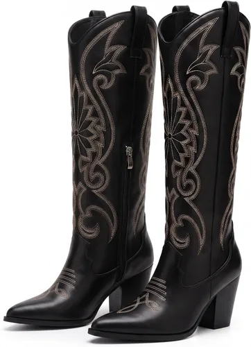 Vista 7 de WIRALOMI Botas de vaquero para mujer, hasta la rodilla, botas de vaquera con tacón grueso bordado, botas altas occidentales Beige