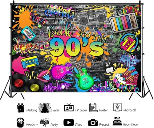 Vista 6 de Telón de fondo de los años 90 de 7 x 5 pies para decoraciones de fiesta, pared de ladrillo de graffiti de hip hop, fondo de fotografía de regreso a