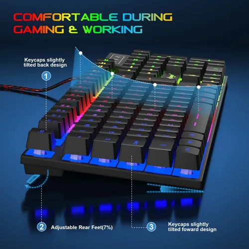 Vista 4 de BlueFinger Teclado para juegos USB con cable de tamaño completo, teclado retroiluminado con arco iris iluminado con teclas multimedia, escritura