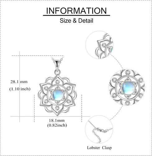 Vista 6 de Collar de loto de plata de ley 925, collar con colgante de piedra lunar, joyería de loto para yoga para mujer, Piedra de luna