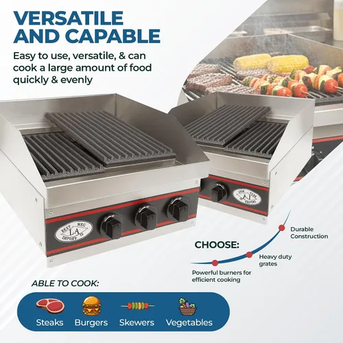 Vista 2 de Express-KitchQuip - Asador de carbón a gas comercial de 24 pulgadas para encimera, 2 quemadores, 40,000 BTU, acero inoxidable, 24 pulgadas de largo