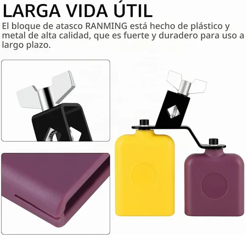 Vista 2 de RANMING - Bloque de plástico para atascos, doble campana de sambago, escenario y banda, amarillo-morado Juego de percusión de cencerro latino