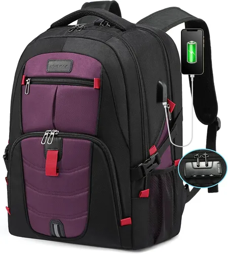 Vista 10 de Mochila grande de viaje y para laptop, es impermeable, antirrobo, con cerradura y puerto de carga USB, para negocios, hombres, mujeres, escuela