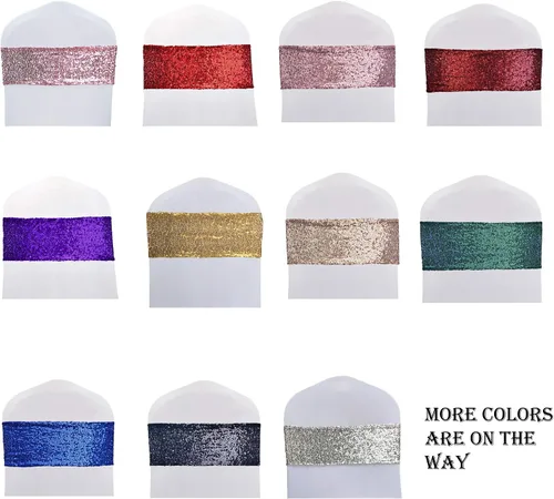 Vista 5 de Fajas para sillas de lentejuelas de alta elasticidad con brillantes y suaves, material de lentejuelas brillantes, lazos para sillas de decoración