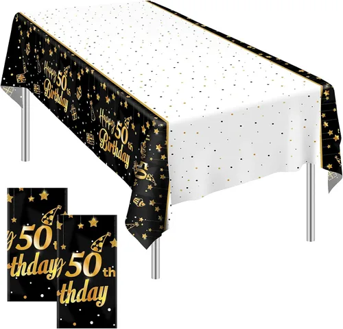 Vista 8 de Ruisita Paquete de 2 manteles rectangulares de color negro y dorado para fiestas de cumpleaños de 18 años, manteles de fiesta de cumpleaños