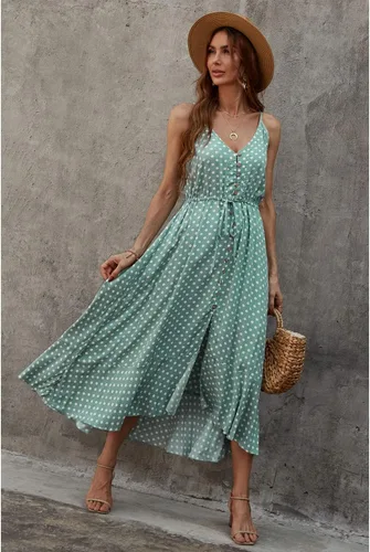 Vista 4 de BROVAVE - Vestido de verano 2023 para mujer, diseño informal, bohemio, con lunares, tirantes delgados, cuello en V, holgado y de largo por debajo