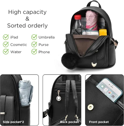Vista 5 de I IHAYNER Mochila de moda para niñas, mini mochila para mujeres, adolescentes y niñas, monederos de piel sintética con pompón, bolsa de hombro