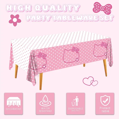 Vista 3 de 3 piezas de mantel de fiesta con lazos rosas de gatitos, lindo mantel de gatitos con puntos, rectangular desechable de 54×108 pulgadas, blanco