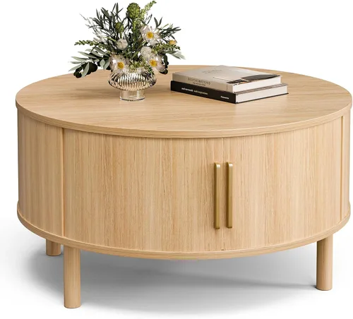 Vista 7 de ZttRiee Mesa auxiliar para sala de estar, moderna mesa de centro redonda con armarios y puertas correderas, espacio pequeño para el hogar, mesa