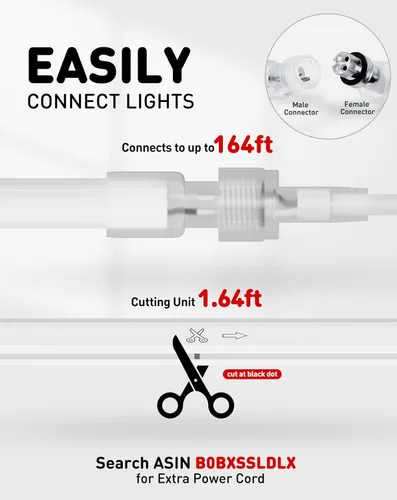 Vista 3 de Shine Decor Tira de luces LED AC 120V, cuerda de neón eco de 120 LED/m sin puntos, conectable y cortable, IP65 impermeable y resistente al clima